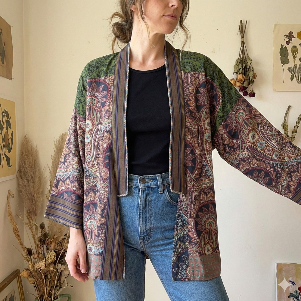 Vintage Kenzo Paris Kimono Jacket Womens Large‎ Wool Cotton Mixed Paisley Print